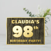 第98回誕生日パーティーはっきりした：木目フェイク模様 箔招待状 (立ち正面)