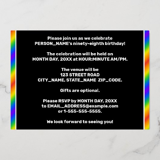 第98回誕生日パーティー – おもしろい、レインボースペクトル「98」 箔招待状 (裏面)