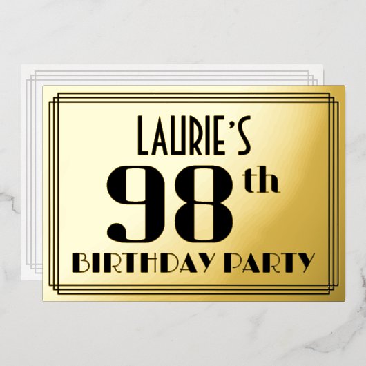 第98回誕生日パーティー：アールデコの外観"98"と名前 箔招待状 (正面/裏面)