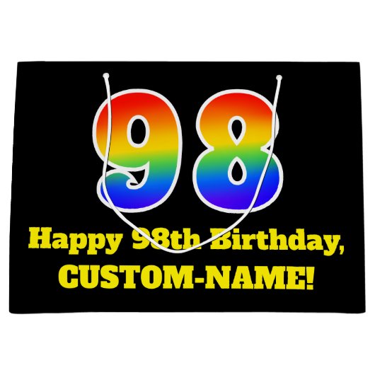 第98誕生日~おもしろい, カラフル, 鮮やか, Rainbow 98 ラージペーパーバッグ (正面)