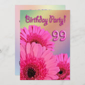 第99ピンクの花を持つ誕生日のパーティの招待状 招待状 (正面/裏面)