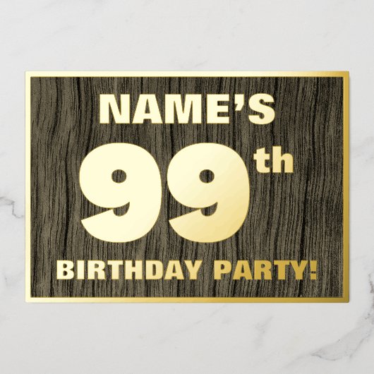 第99回誕生日パーティーはっきりした：木目フェイク模様 箔招待状 (正面)