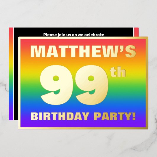 第99回誕生日会:おもしろい、レインボーカラフルパターン 箔招待状 (正面/裏面)