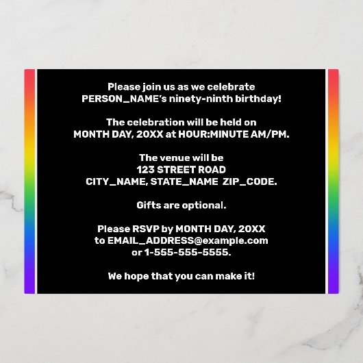 第99回誕生日会：おもしろい、レインボーカラフルパターン 箔招待状 (裏面)