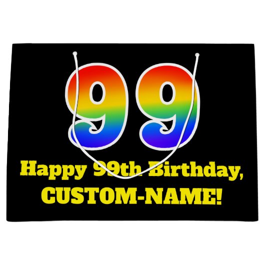 第99誕生日～おもしろいカラフル,, 鮮やか, Rainbow 99 ラージペーパーバッグ (正面)