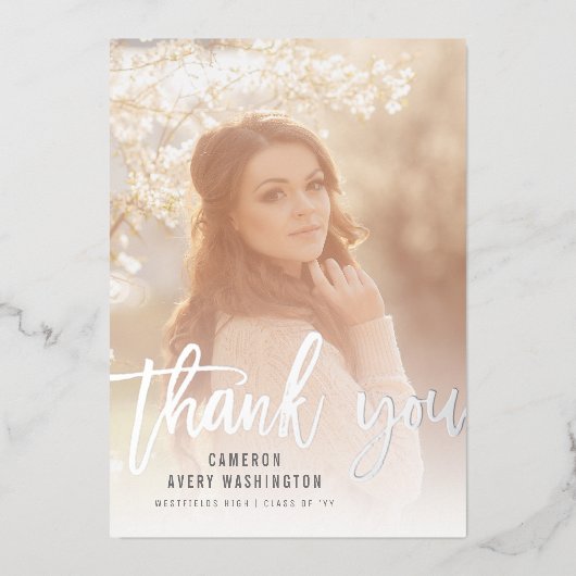 筆の台本の書道モダン写真卒業 箔招待状 (正面)