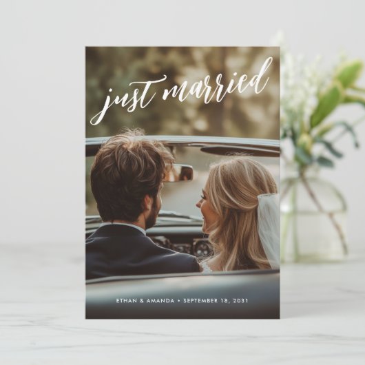 筆の書道たった今結婚しました写真の取り出し 案内状 (スタンド正面)