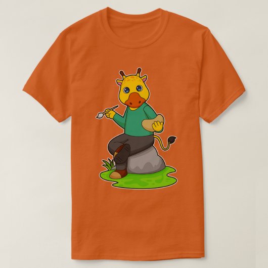 筆を使った画家としてのキリン絵を描グ Tシャツ (デザイン正面)