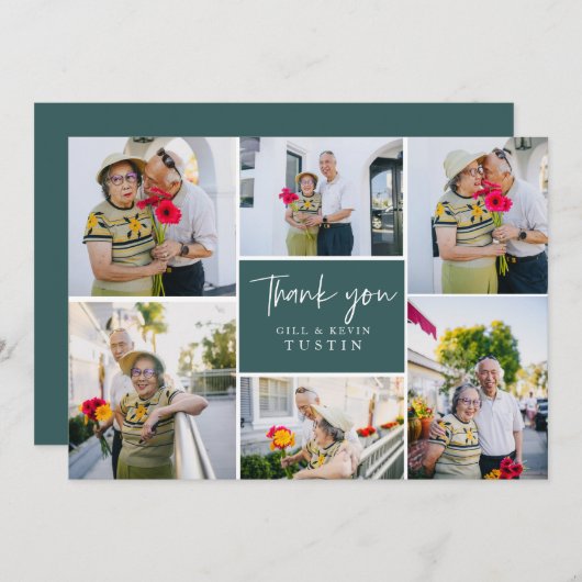 筆モダン跡の結婚写真コラージュ サンキューカード (正面/裏面)