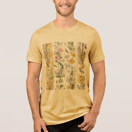 筆刷風のベージュの花柄デザイン トライブレンドＴシャツ (正面)