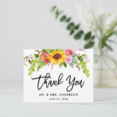 筆記体ひまわり花イラストの結婚式お礼メッセージ ポストカード (スタンド正面)