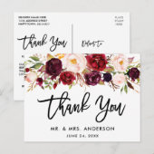 筆記体バラのワインレッドの結婚式のお礼 ポストカード (正面/裏面)