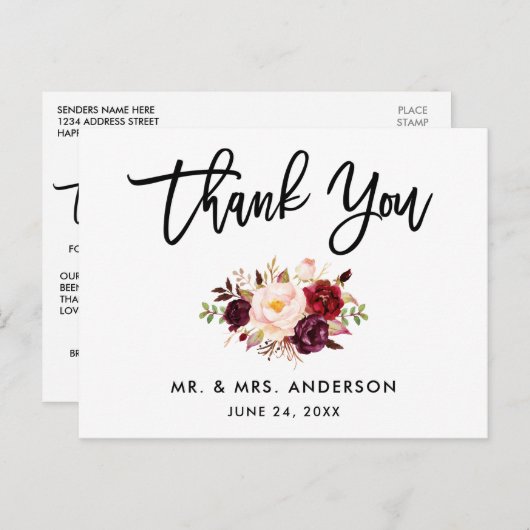 筆記体バーガンディー結婚式花柄感謝カード ポストカード (正面/裏面)