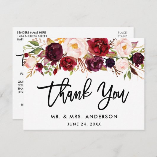 筆記体バーボンレッドフラワー結婚式御礼 ポストカード (正面/裏面)