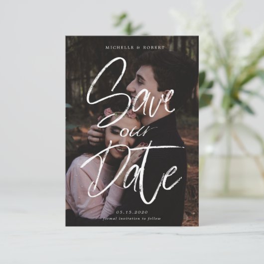 筆記体写真 Save The Date カード (スタンド正面)