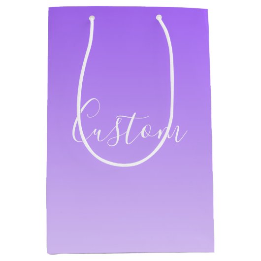筆記体名前 & 編集可能なライトパープルのオンブレ ミディアムペーパーバッグ (正面)