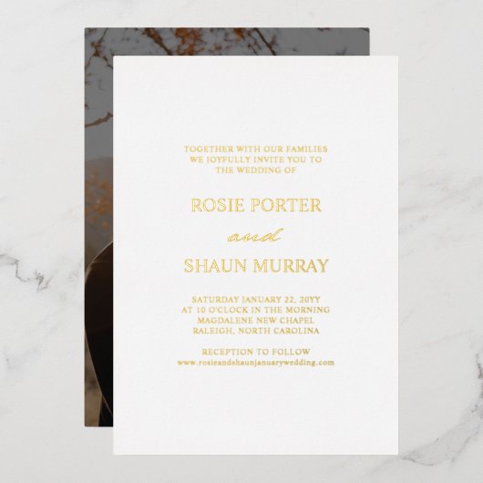 筆跡書ミニマル道白写真結婚ズ 箔招待状 (正面/裏面)