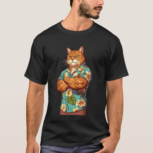筋肉がすごいクールな猫がハワイアンTシャツを着て夏に Tシャツ (正面)