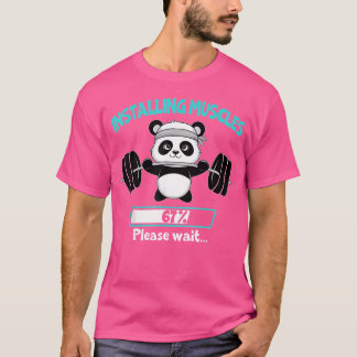 筋肉のおもしろいパンダ重量挙げバーベの取り付け Tシャツ