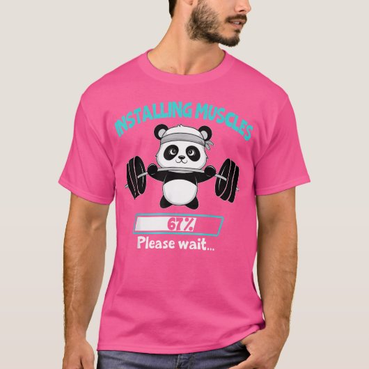 筋肉のおもしろいパンダ重量挙げバーベの取り付け Tシャツ (正面)