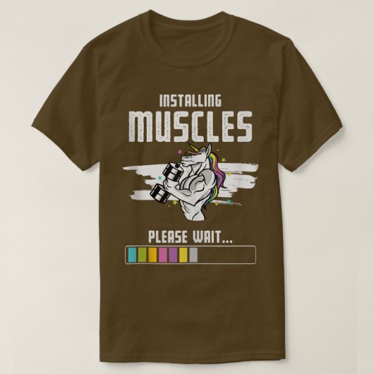 筋肉をインストールするUnicornを待おもしろいつ Tシャツ (デザイン正面)