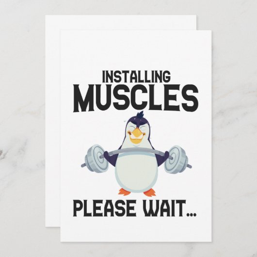 筋肉を付けてください 待ってください 面白いペンギン鳥 招待状 (正面/裏面)