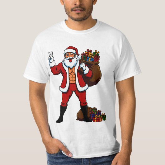 筋肉サンタのピースサイン!おもしろクリスマスTシャツ Tシャツ (正面)