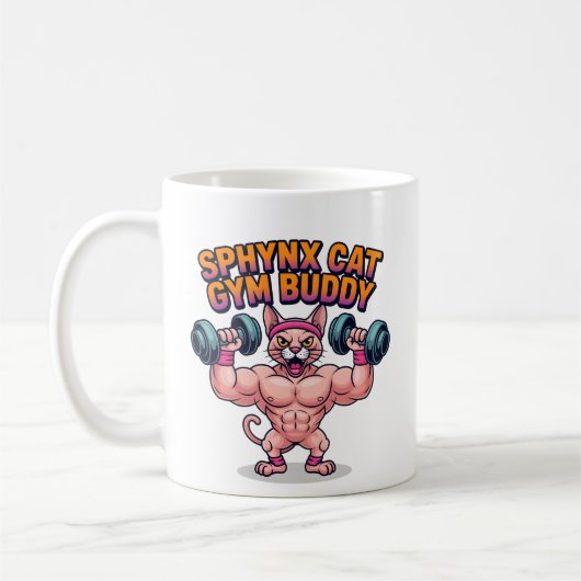 筋肉質のスフィンクス猫のジム仲間キャラクター コーヒーマグカップ (左)