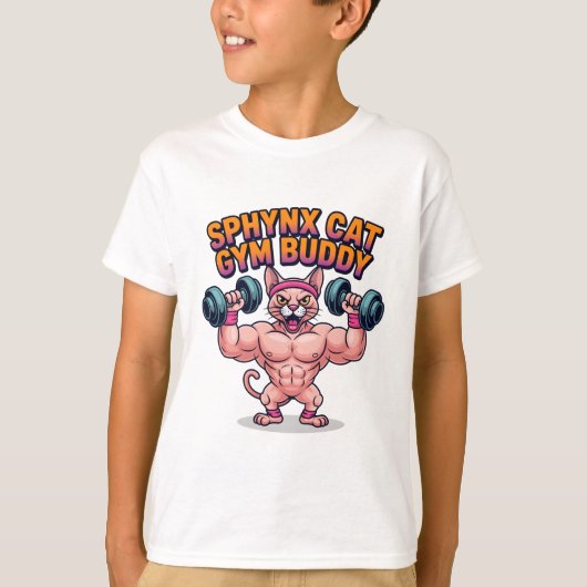 筋肉質のスフィンクス猫のジム仲間キャラクター Tシャツ (正面)