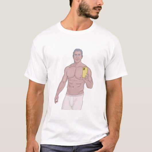 筋肉質の白髪の男が自撮っている Tシャツ (正面)
