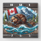 筏に乗ったビーバーと旗を川で スクエア壁時計 (正面)