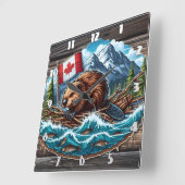 筏に乗ったビーバーと旗を川で スクエア壁時計 (傾斜)