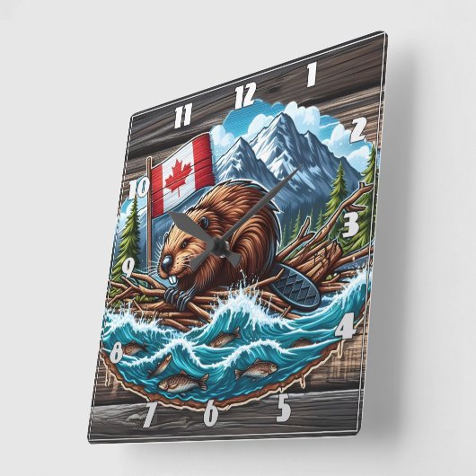 筏に乗ったビーバーと旗を川で スクエア壁時計 (傾斜)