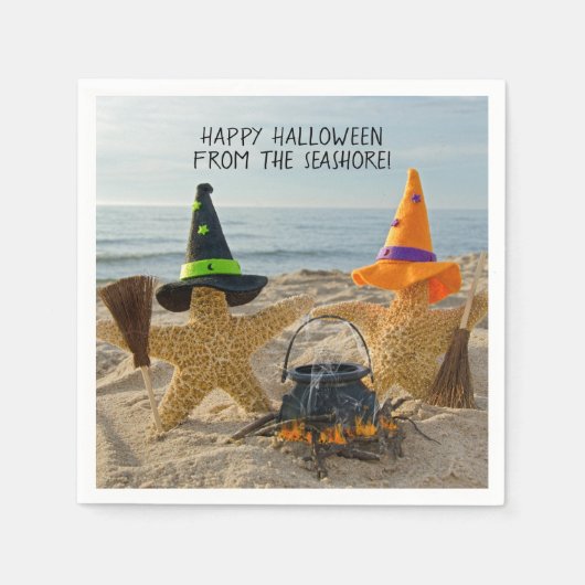 箒と鍋を持つハロウィンのヒトデ スタンダードカクテルナプキン (正面)