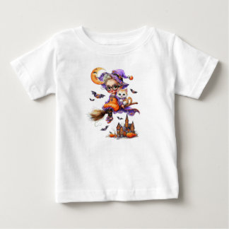 箒に乗ったかわいい魔女と子猫 ベビーTシャツ