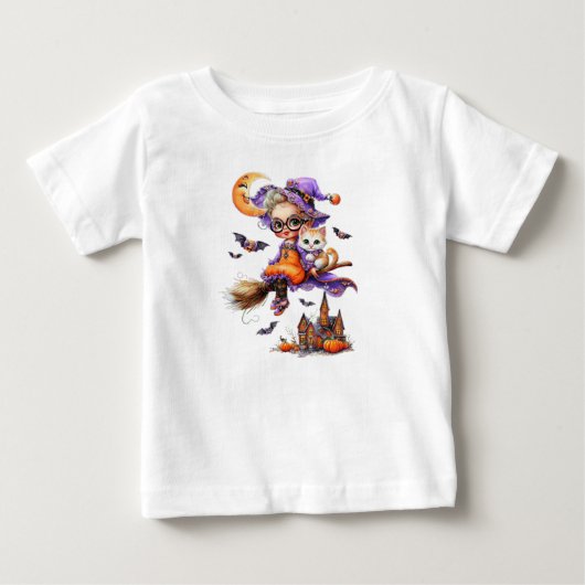箒に乗ったかわいい魔女と子猫 ベビーTシャツ (正面)