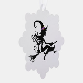 箒に乗ったかわいい魔女のシルエット オーナメントカード