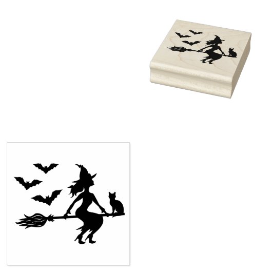 箒に乗った猫と三羽のコウモリのいる魔女 ラバースタンプ (押印)