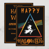 箒に白い魔女のハッピーハローウィン衣装パーティー 招待状 (正面/裏面)