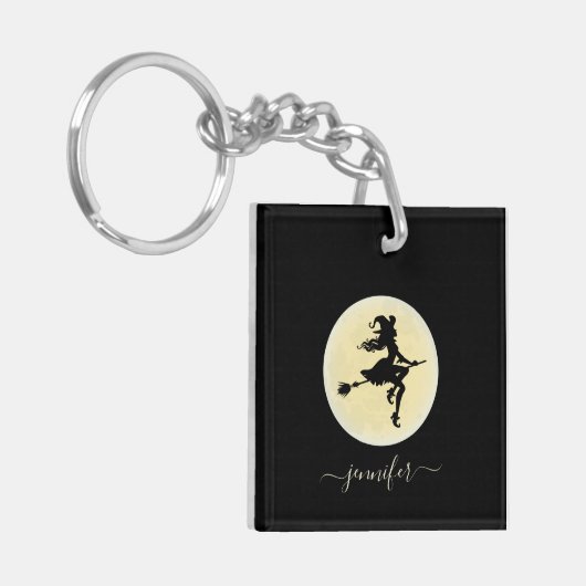 箒の上の魔女パーソナライズされた キーホルダー (正面左)