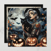 箒を持つ | 魔女をテーマにしたハローウィンパーティ 招待状 (正面/裏面)