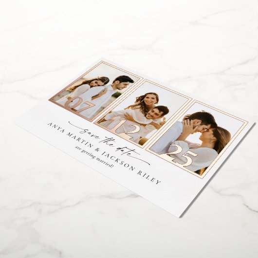 箔仕上げ Save The Date フォトフレーム アナウンスメント カード (回転した状態)