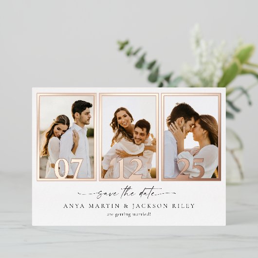 箔仕上げ Save The Date フォトフレーム アナウンスメント カード (立ち正面)