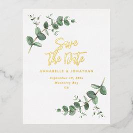 箔加工ユーカリのモダンな結婚式のSave the Date 箔招待状ポストカード