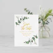 箔加工ユーカリのモダンな結婚式のSave the Date 箔招待状ポストカード (立ち正面)