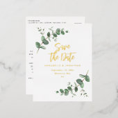 箔加工ユーカリのモダンな結婚式のSave the Date 箔招待状ポストカード (正面/裏面)