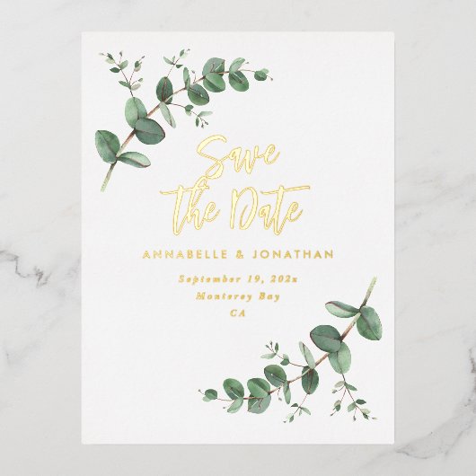 箔加工ユーカリのモダンな結婚式のSave the Date 箔招待状ポストカード (正面)