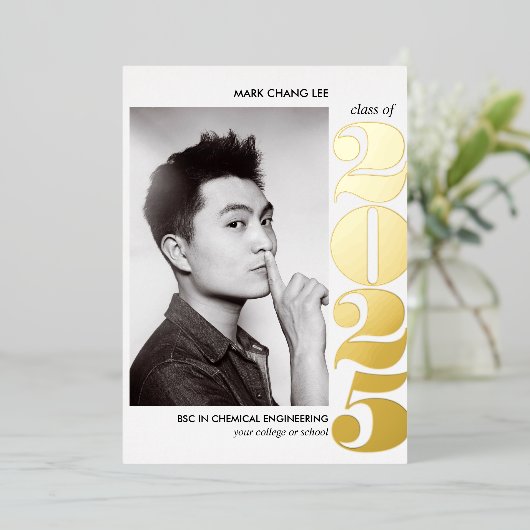 箔年 |大学の写真卒業 箔招待状 (立ち正面)