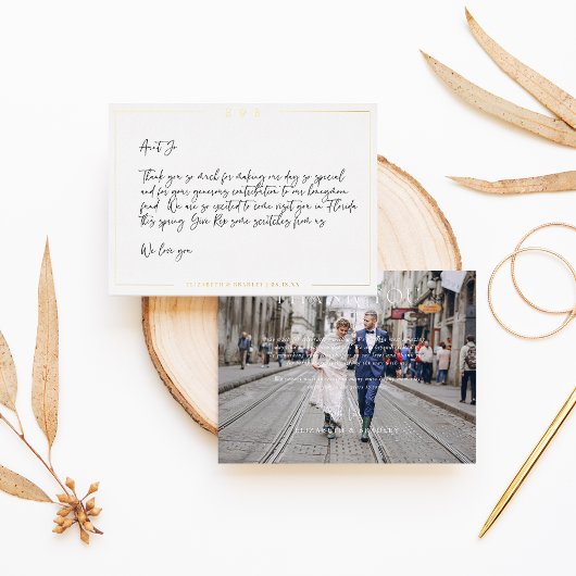 箔押しのミニマルな結婚式の写真の御礼カード 箔招待状