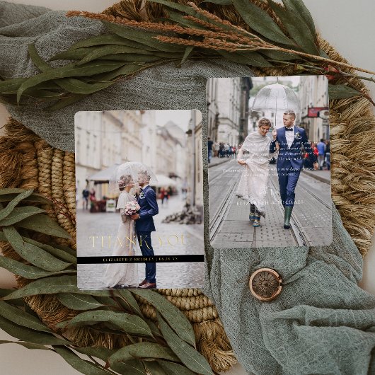 箔押しのミニマルな結婚式の写真の御礼カード 箔招待状